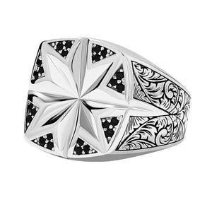 Oxidized Sterling Silver North Star Signet Ring - Handmade