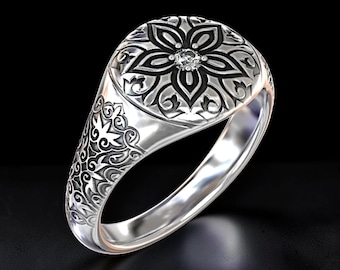 Men's 925 Sterling Silver Floral Signet Ring, Engraved Flower Ring, CZ Statement Ring, Vintage Gothic Band, Gift for Him