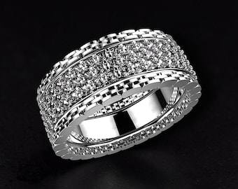 Men's 925 Sterling Silver Iced Out Diamond Ring, Wide Pave Band Ring, Hip Hop Wedding Band, Luxury Statement Ring Gift