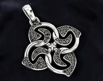 Men's 925 Sterling Silver Pave Pendant, Four Leaf Swirl Pendant, Men's Statement Necklace Charm, Gothic Luxury Jewelry Gift for Him