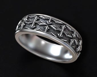 Men's 925 Sterling Silver Gothic Cross Band Ring, Medieval Christian Wedding Ring, Oxidized Biker Band, Handmade Gift for Him