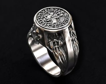 Men's 925 Sterling Silver Knights Templar Ring, Crusader Signet Ring, Medieval Warrior Ring, Gothic Viking Jewelry Gift
