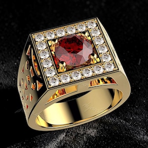 Anillo de plata de ley 925 para hombre con piedra rubí roja – Anillo de sello cuadrado con diamantes de circonita cúbica y acabado dorado, anillo de lujo llamativo para hombre.