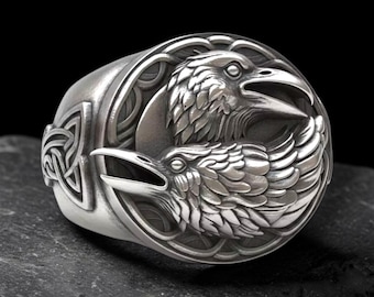 Sterling Silver Viking Raven Ring, Odin Huginn Muninn Norse Signet, Celtic Knot Nordic Jewelry