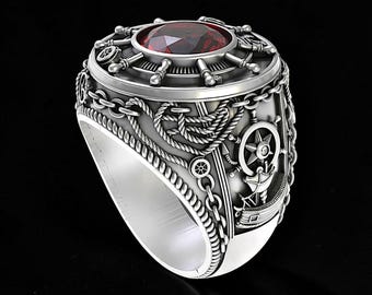 Men’s 925 Sterling Silver Nautical Compass Ring, Red Garnet Statement Ring, Ship Wheel Anchor Ring, Maritime Biker Jewelry, Sailor Gift