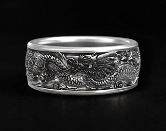 Men's 925 Sterling Silver Japanese Dragon Ring, Engraved Dragon Band, Samurai Wedding Ring, Oxidized Mythical Dragon Jewelry