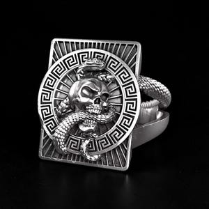 Puede incluir: Un anillo de tono plateado con una cara rectangular y un emblema circular central. El emblema muestra una calavera entrelazada con una serpiente, rodeada por un patrón de greca y líneas radiantes. La banda del anillo tiene un diseño de escamas.