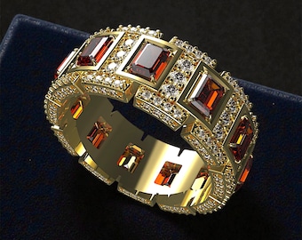 Emerald Cut Red CZ Sterling Silver Eternity Band | Statement Wedding Ring
