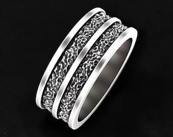 Men's 925 Sterling Silver Textured Ring, Rustic Hammered Band, Oxidized Wedding Ring, Minimalist Comfort Fit Ring for Men