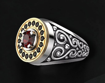 Men's 925 Sterling Silver Garnet Ring, Red Garnet Black Stone Signet Ring, Gothic Scrollwork Ring, Two Tone Statement Jewelry
