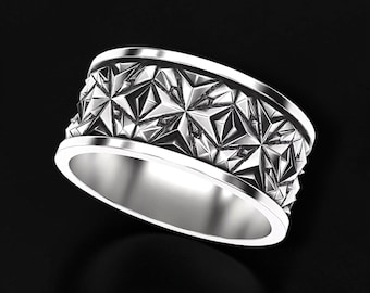 Men's 925 Sterling Silver Geometric Ring, Wide Band Statement Ring, Modern Textured Wedding Band, Men's Silver Fashion Ring