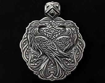 Men's 925 Sterling Silver Huginn & Muninn Raven Pendant, Viking Raven Necklace, Norse Celtic Knot Amulet, Gothic Jewelry