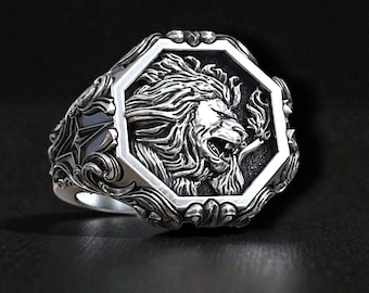 Sterling Silver Lion Head Signet Ring – Gothic Leo Zodiac Jewelry