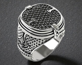 Black Diamond Fleur-de-Lis Signet Ring | Sterling Silver Gothic Knight Ring