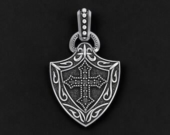 Men's 925 Sterling Silver Cross Pendant, Gothic Shield Cross Necklace, Medieval Knight Pendant, Christian Jewelry Gift for Him