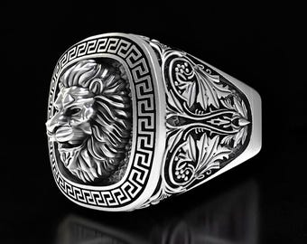 Men's 925 Sterling Silver Lion Signet Ring, Roaring Lion Ring, Greek Key Ring, Gothic Mens Ring, King Lion Ring, Vintage Statement Jewelry
