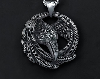 Men's 925 Sterling Silver Raven Skull Pendant, Gothic Crow Necklace, Viking Bird Pendant, Biker Jewelry, Handmade Gift