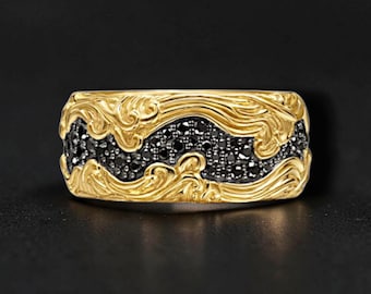 Baroque Wave Men's Ring – Gold Plated Sterling Silver Black Mossonite Statement Band
