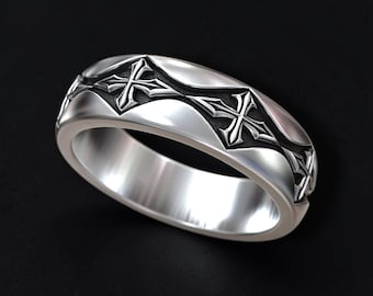 Men's 925 Sterling Silver Gothic Cross Ring, Christian Wedding Band, Medieval Biker Ring, Oxidized Religious Jewelry Gift