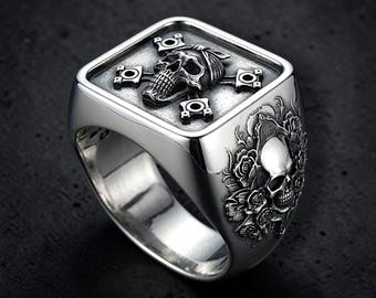 Men's 925 Sterling Silver Skull Signet Ring, Pirate Skull Ring, Gothic Biker Ring, Rose Skull Ring, Punk Statement Jewelry