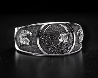 Men's 925 Sterling Silver Raven Signet Ring, Norse Viking Ring, Wind God Ring, Eagle Ring, Gothic Warrior Jewelry Gift