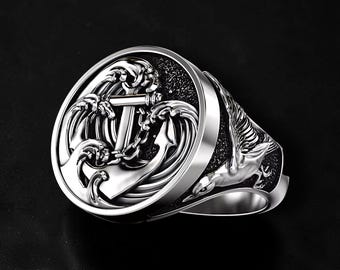 Men's 925 Sterling Silver Anchor Signet Ring, Swallow Bird Ring, Nautical Sailor Ring, Marine Ocean Jewelry, Viking Gift
