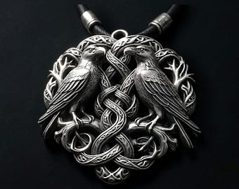 Men's 925 Sterling Silver Odin's Ravens Pendant, Huginn Muninn Necklace, Viking Celtic Knot Raven Charm, Norse Jewelry