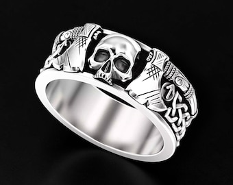 Men's 925 Sterling Silver Viking Skull Ring, Double Axe Norse Ring, Celtic Knot Band, Gothic Biker Ring, Warrior Jewelry