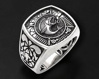 Men's 925 Sterling Silver Fishing Signet Ring | Bass Fish Hook Ring | Angler Gift | Fisherman Jewelry | Handmade Statement Ring