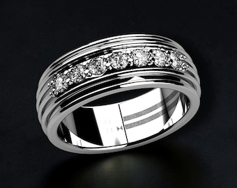 Men's 925 Sterling Silver Pave Band Ring, Multi Groove Silver Ring, Men's Wedding Band, CZ Statement Ring, Modern Luxury Jewelry