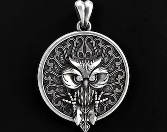 Men's 925 Sterling Silver Owl Pendant, Gothic Owl Necklace, Viking Wisdom Medallion, Bird Jewelry, Handmade Gift for Him