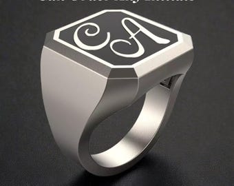 Aangepaste zegelring voor heren – sterlingzilveren monogram, gegraveerd familiewapen