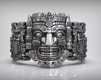 Oxiderad 925 aztekisk krigare ornamental maskmönsterarmband, vintage maya krigarering