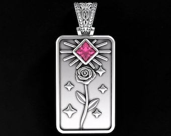 Men's 925 Sterling Silver Rose Pendant, Pink Princess Stone Necklace, Floral Dog Tag Charm, Gothic Flower Pendant Gift