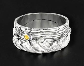 Men's 925 Sterling Silver Mountain Ring, Sun Moon Ring, Nature Landscape Ring, Celestial Signet Ring, Gothic Statement Jewelry