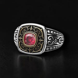 Men's 925 Sterling Silver Gemstone Ring, Vintage Gothic Signet Ring, Oxidized Silver Ring, Ornate Red Ruby Black Stone Ring