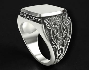 Men's 925 Sterling Silver Blank Signet Ring, Gothic Scroll Engraved Ring, Vintage Filigree Pinky Ring, Handmade Gift for Him