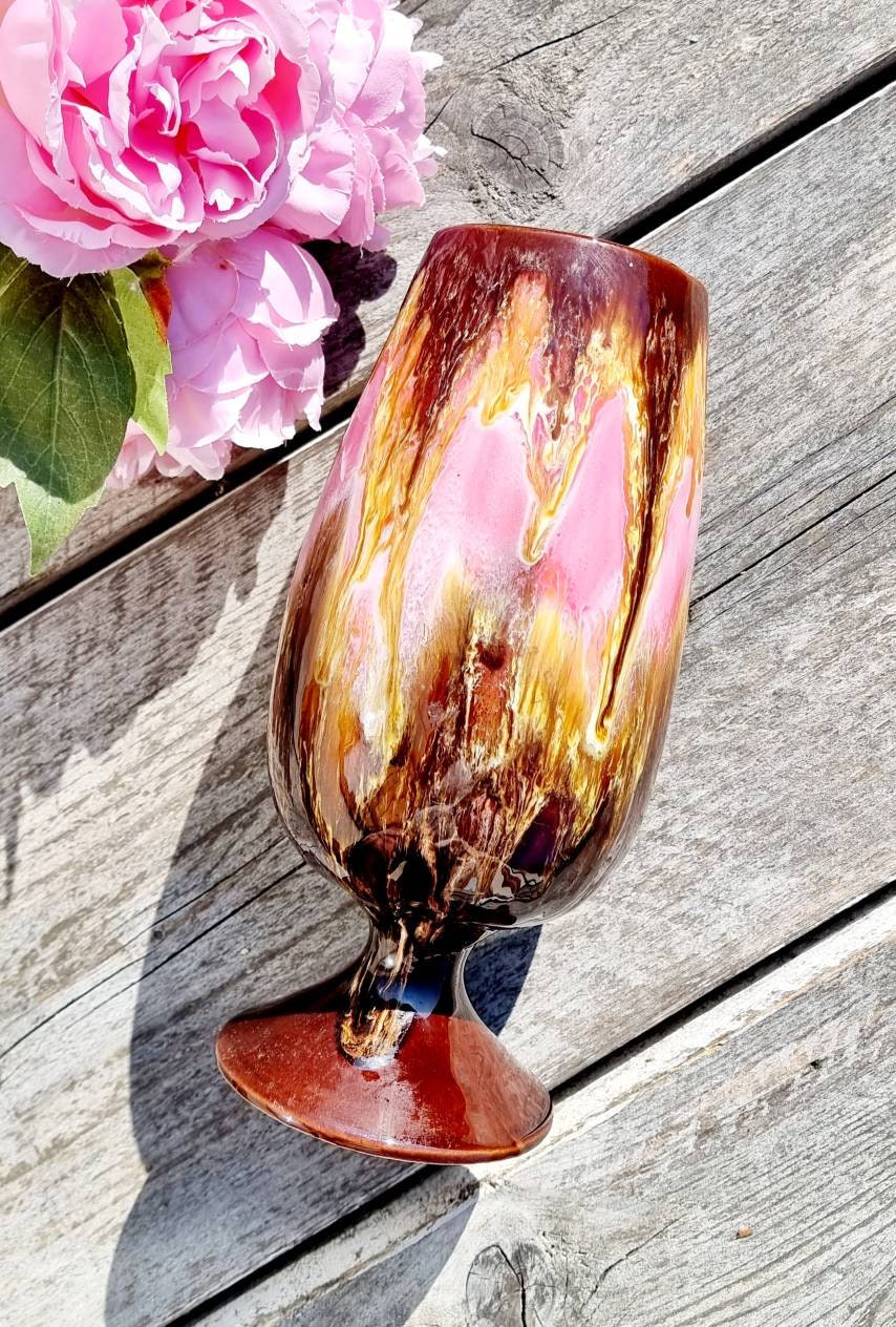 Vase Glass Vintage France Vallauris Artisanal Marron et Rose 1980