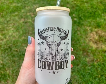 Simmer Down Cowboy | Cowboy | Glass Mug | Beer Mug | Coffee Mug | Beer | Coffee | Frosted Glass