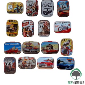 Small Tin Box Empty Metal Storage Organizer with 16 Design Variant Colorful Route 66