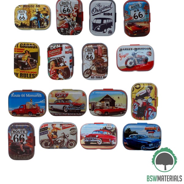 Small Tin Box Empty Metal Storage Organizer with 16 Design Variant Colorful Route 66