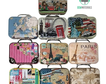 Small Tin Box: Empty Metal Storage Organizer with 10 Design Variant Travel suitcases Mosaic