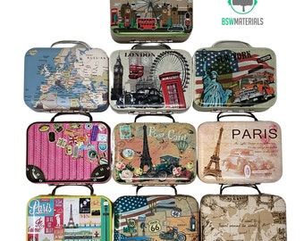 Small Tin Box: Empty Metal Storage Organizer with 10 Design Variant Travel suitcases Mosaic