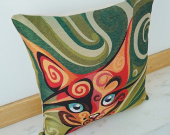 Cat Motif Cotton Linen Pillow Cover: Animal Print, 16x16 inch