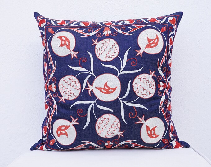 Pomegranate motif pillowcase with zipper, Dark blue cushion cover for chair, Handmade unique suzani pillow cover, Ethnic vintage sofa pillow