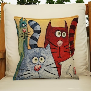 Cotton Painted Pillow Cover, Printed Animal Pillowcase, Cotton Linen Print Pillowcase, Cat Motif Cushion Cover, Chat Design Pillow Cover