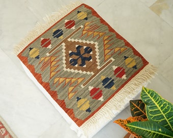 Turkish Wool Handmade Kilim, Embroidery Small Square Kilim Rug, Bohemian Flatview Decorative Rug, Authentic Area Kilim Rug, Vintage Rug
