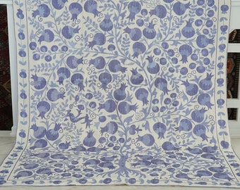 Uzbek Cotton Handmade Suzani Bedspread, Embroidery Pomegranate Motif Bedcover, Suzani Linen, Authentic Vintage Blanket, Blue Boho Tapestry
