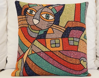 Cotton Painted Pillow Cover, Printed Animal Pillowcase, Cotton Linen Print Pillowcase, Cat Motif Cushion Cover