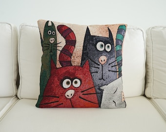 Cat Motif Pillow Cover: Animal Print Cotton Linen Cushion